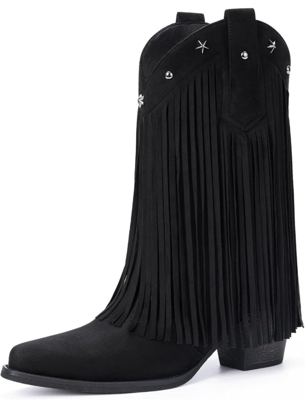 Women Black Suede Leather Fringe Cowgirl Boot Star Studded Mid Calf Chunky Heel